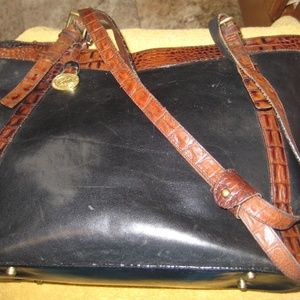 Brahmin satchel navy and pecan with straps